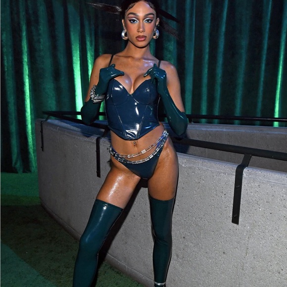 Savage x Fenty Faux leather Vinyl Corset, booty shorts, gloves and stockings